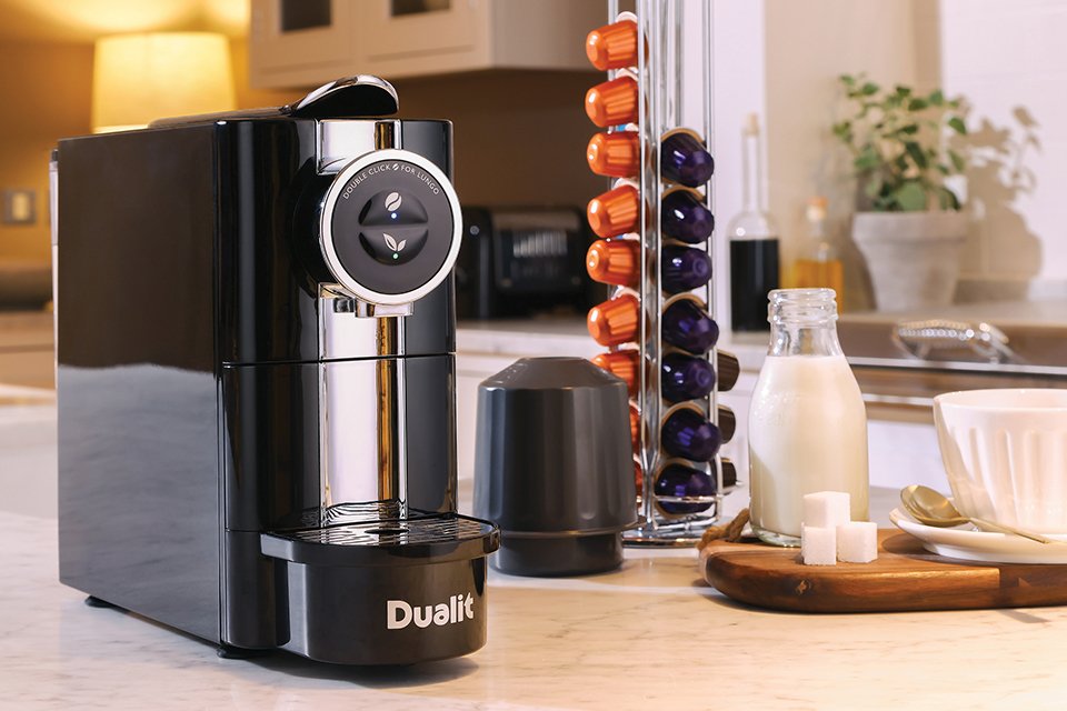 Dualit Café Plus pod coffee machine with EcoPress™ capsule recycler and aluminium coffee capsules.
